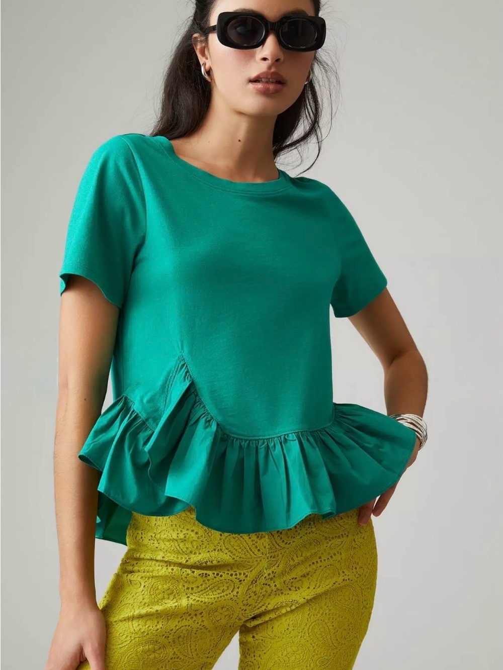 Anthropologie Maeve Ruffle Hem Top in Emerald Green Size Medium